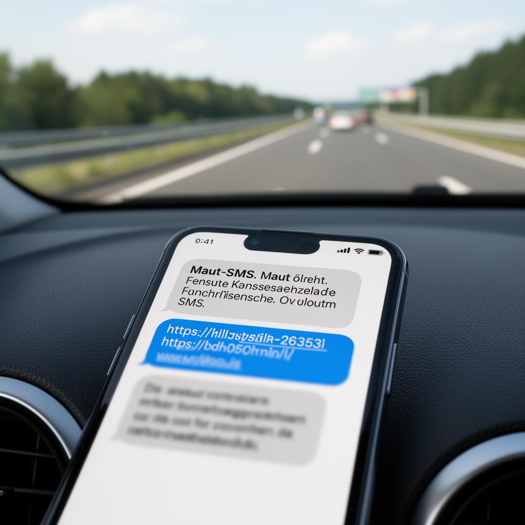Nachgestellte Maut-SMS auf einem Smartphone auf dem Armaturenbrett eines Autos